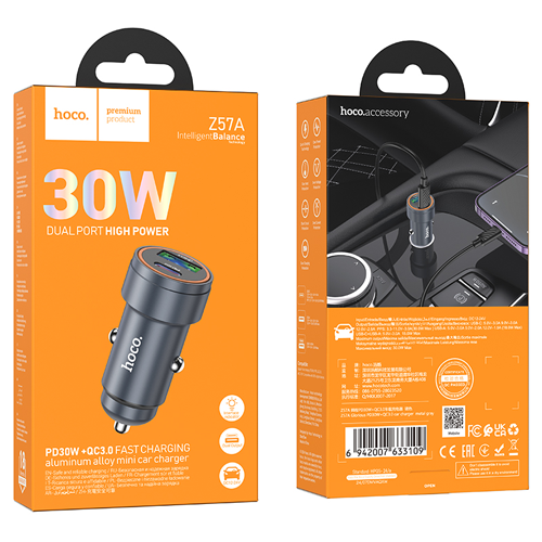 Hoco PD30W + QC3.0 Dual Output Car Charger Z57A - Metal Gray