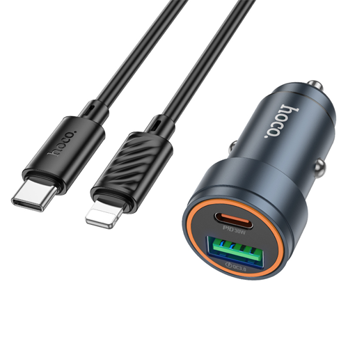 Hoco PD30W + QC3.0 Dual Output Car Charger Set with USB-C to Lightning Cable Z57A - Metal Gray