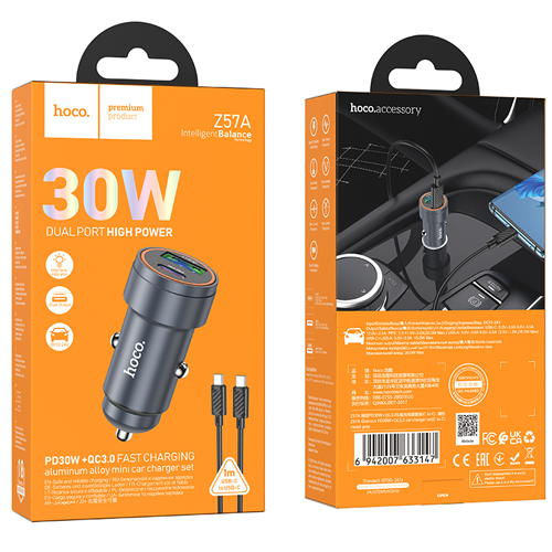 Hoco PD30W + QC3.0 Dual Output Car Charger Set with USB-C to USB-C Cable Z57A - Metal Gray