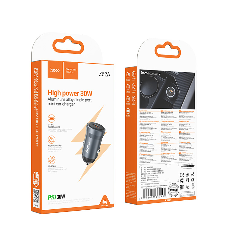 Hoco Single Port PD30W Car Charger Z62A - Metal Gray
